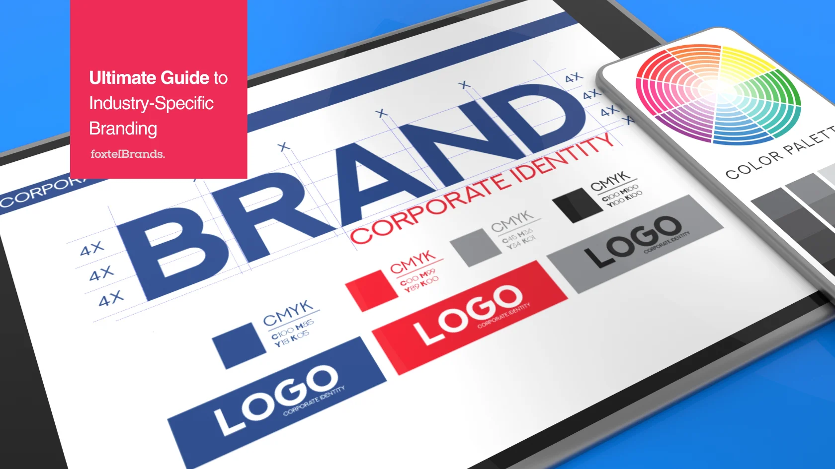 A digital layout for a branding guide titled "Ultimate Guide to Industry-Specific Branding" by foxtelBrands, featuring the word "BRAND" with grid lines, the phrase "CORPORATE IDENTITY" in red, and various color swatches and logos.